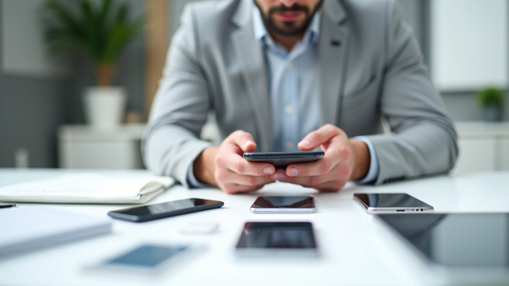 Dizaineris žiūri į skirtingų dydžių telefonų ir planšečių rinkinį, balta biuro aplinka